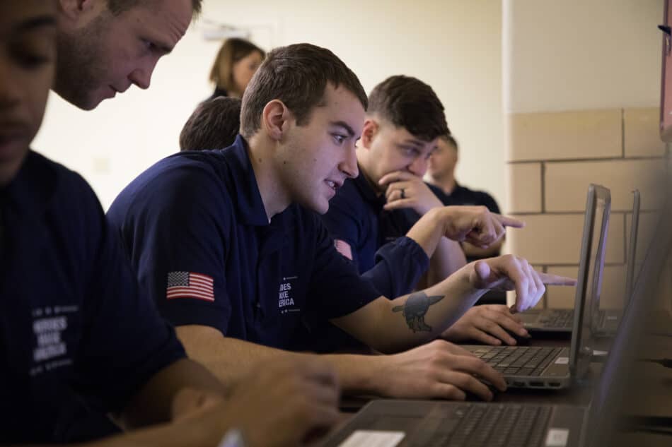 Military veteran participates in an online training